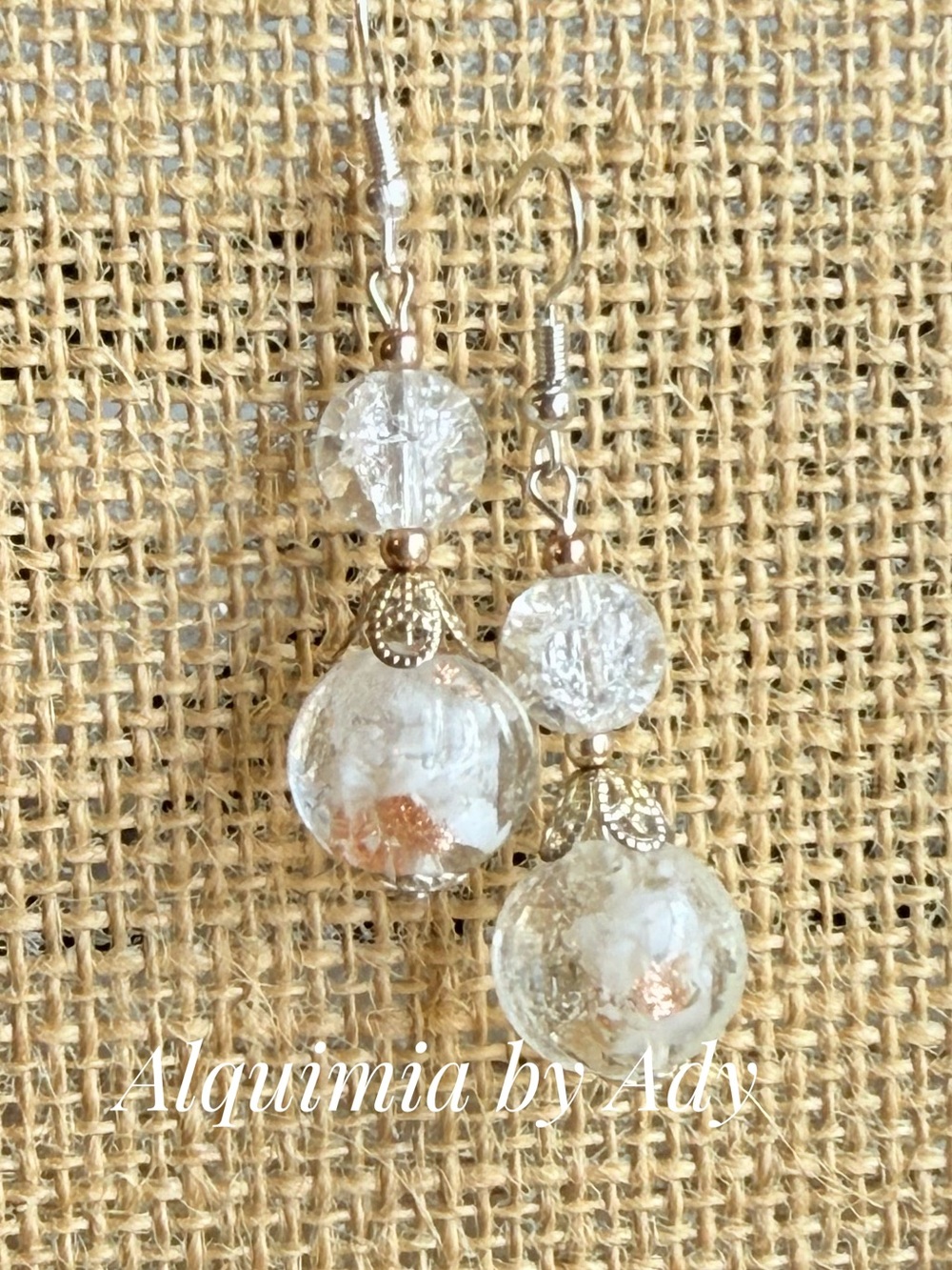 Clear Crackle Quartz and vintage Glass Earrings with Gold Accents